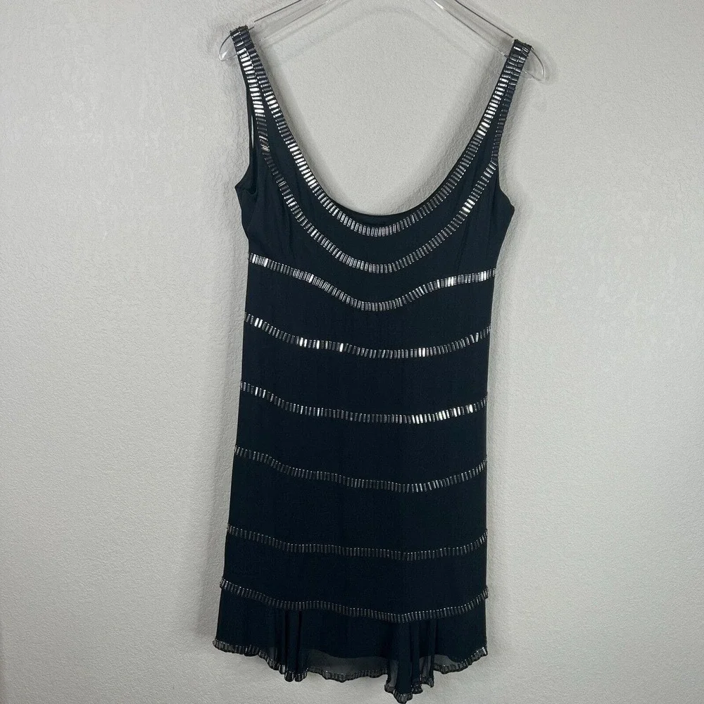 Temperley Cocktail Dress Sz 2 Black Silver Silk Sleeveless Striped Metallic Core